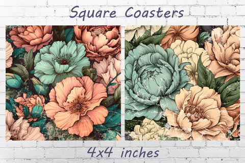 Square flowers coaster png, Retro floral sublimation design Sublimation AnastasiyaArtDesign 