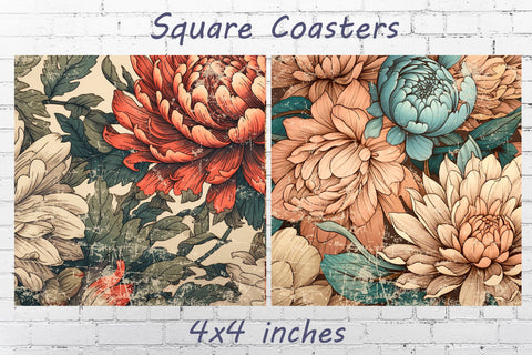 Square flowers coaster png, Retro floral sublimation design Sublimation AnastasiyaArtDesign 