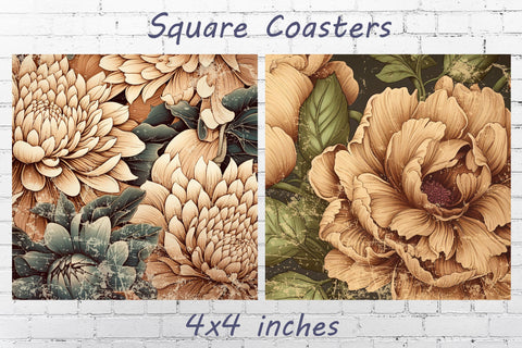 Square flowers coaster png, Retro floral sublimation design Sublimation AnastasiyaArtDesign 