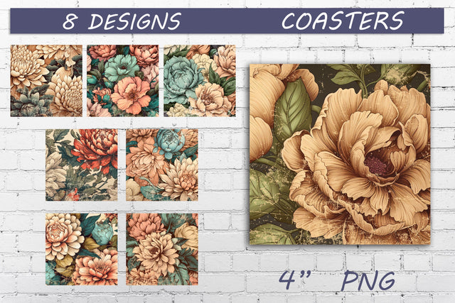 Square flowers coaster png, Retro floral sublimation design Sublimation AnastasiyaArtDesign 