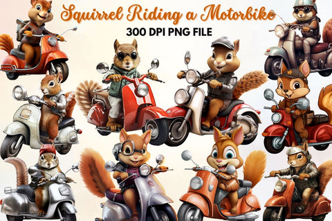 Squirrel riding a motorbike Clipart Sublimation Regulrcrative 