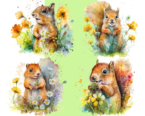 Squirrel Watercolor, Spring, Flowers Transparent PNG, JPG Sublimation nikola 
