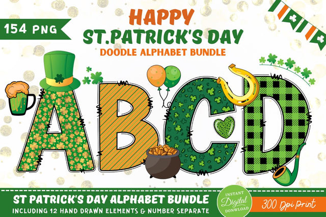 St Patrick’s Alphabet with Hand Drawn Numbers and Clipart Font Regulrcrative 