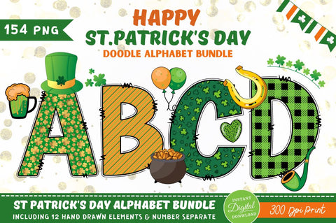 St Patrick’s Alphabet with Hand Drawn Numbers and Clipart Font Regulrcrative 