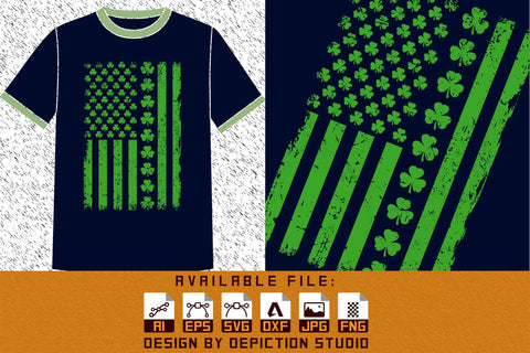 St. Patrick's Day American Flag T-Shirt, Shamrock USA flag Shirt, St. Patrick's Vintage USA flag shirt print template Sketch DESIGN Depiction Studio 