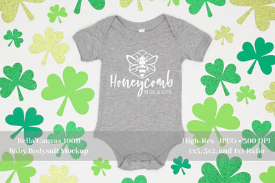 St Patrick's Day Baby Mockup, Bella Canvas 100B Heather Athletic, Baby One-Piece Mockup Mock Up Photo Honeycomb Mockups 