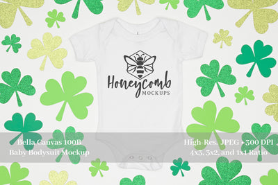 St Patrick's Day Baby Mockup, Bella Canvas 100B White, White Baby One Piece Mockup Mock Up Photo Honeycomb Mockups 