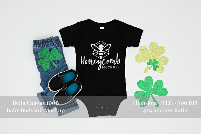 St Patrick's Day Baby Mockup, Black Bella Canvas 100B, Baby Bodysuit Mockup Mock Up Photo Honeycomb Mockups 