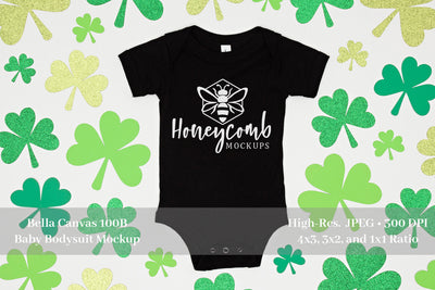 St Patrick's Day Baby Mockup, Black Bella Canvas 100B, Black Baby One Piece Mockup Mock Up Photo Honeycomb Mockups 