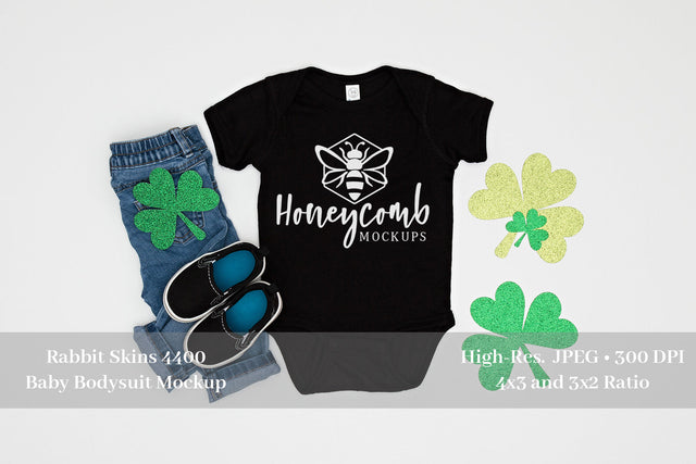 St Patrick's Day Baby Mockup, Black Rabbit Skins 4400 Mockup, Baby Bodysuit Mock Up Photo Honeycomb Mockups 