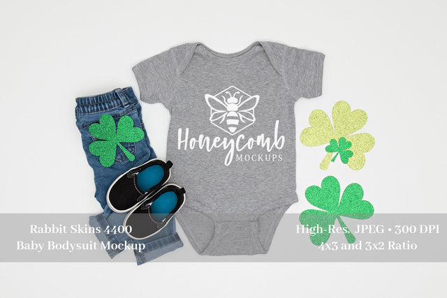 St Patrick's Day Baby Mockup, Heather Rabbit Skins 4400 Mockup, Baby Bodysuit Mock Up Photo Honeycomb Mockups 