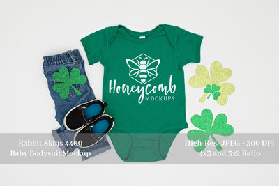 St Patrick's Day Baby Mockup, Kelly Rabbit Skins 4400 Mockup, Baby Bodysuit Mock Up Photo Honeycomb Mockups 