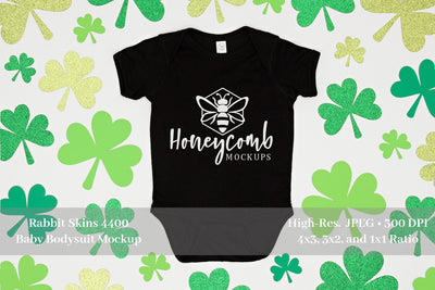St Patrick's Day Baby Mockup, Rabbit Skins 4400 Black, Baby Bodysuit Mockup Mock Up Photo Honeycomb Mockups 