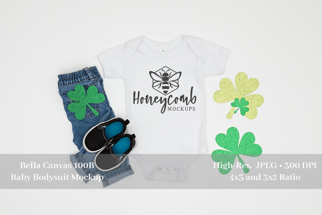 St Patrick's Day Baby Mockup, White Bella Canvas 100B, Baby Bodysuit Mockup Mock Up Photo Honeycomb Mockups 