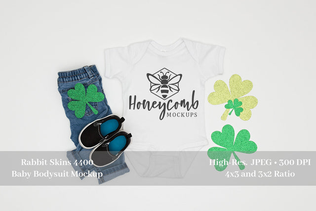 St Patrick's Day Baby Mockup, White Rabbit Skins 4400 Mockup, Baby Bodysuit Mock Up Photo Honeycomb Mockups 