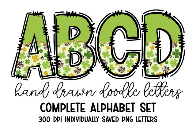 St Patrick's Day Cheetah & Clover Doodle Letters Alphabet Set Sublimation BijouBay 