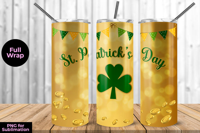 St. Patrick's Day Clover Gold Background 20 oz Skinny Tumbler Wrap Sublimation Design Sublimation Sublimatiz Designs 