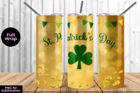 St. Patrick's Day Clover Gold Background 20 oz Skinny Tumbler Wrap Sublimation Design Sublimation Sublimatiz Designs 