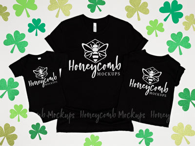 St Patrick's Day Family Mockup, Black Bella Canvas 3001, 100B, 3001T Mock Up Photo Honeycomb Mockups 