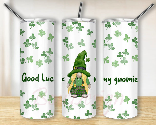 St Patricks Day Gnome 20oz Skinny Tumbler, Clover Leaf Tumbler, St Patricks Day Wrap, Shamrock Png, St. Patrick's Day Tumbler Png Sublimation BouDesign 