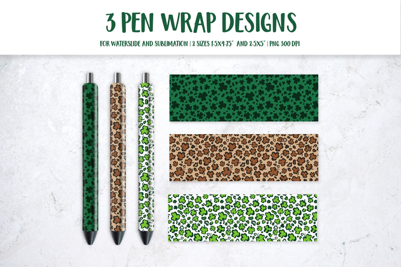 St. Patricks Day Leopard Pen Wrap Sublimation. Clover Leaves Pattern Pen Wrap Sublimation LaBelezoka 