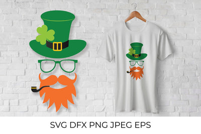 St. Patrick’s day Leprechaun with green hat, mustache, red beard, pipe and leaf of shamrock SVG LaBelezoka 