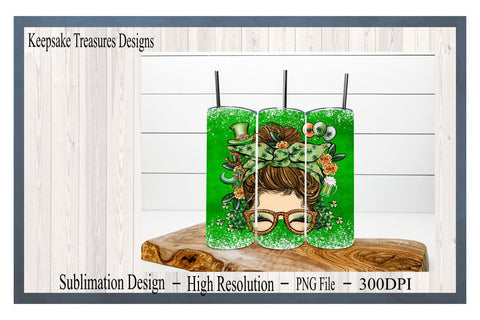St. Patrick's Day Messy Bun 20oz Skinny Tumbler Wrap, Sublimation PNG Sublimation Keepsake Treasures Designs LLC. 