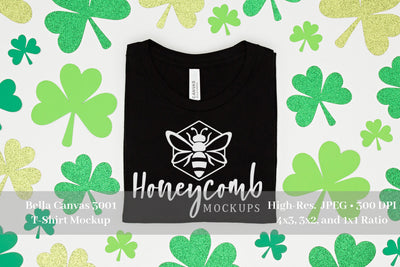 St Patrick's Day Mockup, Bella Canvas 3001 Black, Folded T-Shirt Mockup Mock Up Photo Honeycomb Mockups 