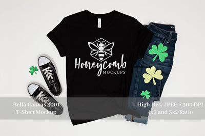 St Patricks Day Mockup, Black Bella Canvas 3001 Mockup, Tshirt Mockup Mock Up Photo Honeycomb Mockups 