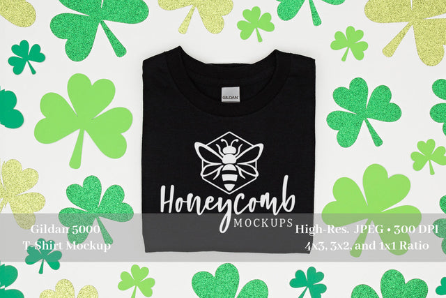 St Patrick's Day Mockup, Gildan 5000 Black Mockup, Folded T-Shirt Mockup Mock Up Photo Honeycomb Mockups 
