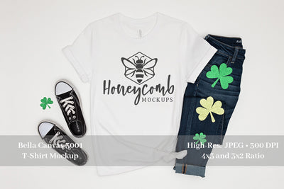 St Patricks Day Mockup, White Bella Canvas 3001 Mockup, Tshirt Mockup Mock Up Photo Honeycomb Mockups 