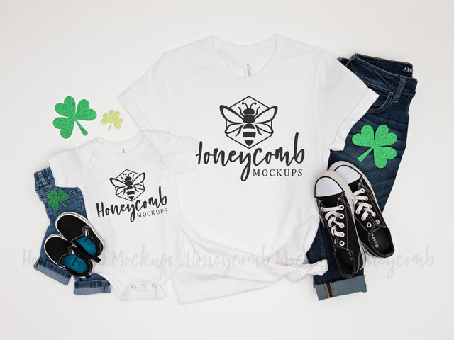 St Patricks Day Mommy and Me Mockup, Bella Canvas White 3001 and 100B Mockup Mock Up Photo Honeycomb Mockups 
