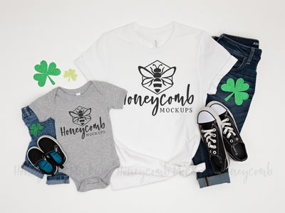 St Patrick's Day Mommy and Me Mockup, Mom and Baby, Bella Canvas 3001 and 100B Mock Up Photo Honeycomb Mockups 