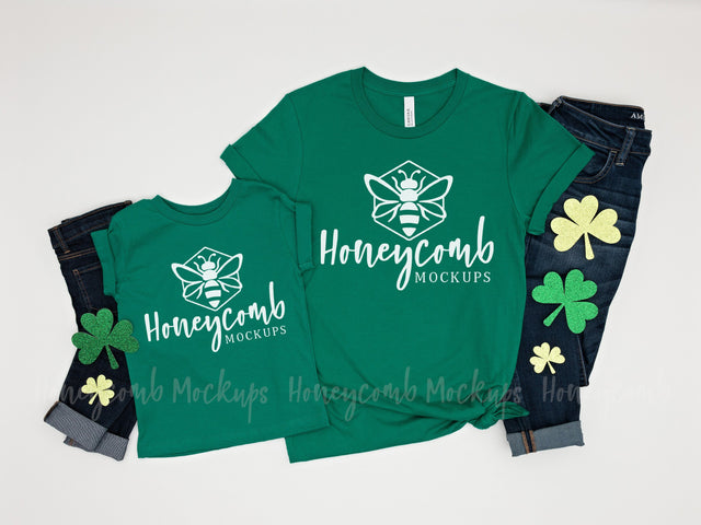 St Patrick's Day Mommy and Me Mockup, Mom and Toddler Mockup, Kelly Green Bella Canvas 3001T and 3001 Mock Up Photo Honeycomb Mockups 