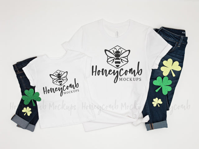 St Patrick's Day Mommy and Me Mockup, Mom and Toddler T-Shirts, Bella Canvas 3001T and 3001 Mock Up Photo Honeycomb Mockups 