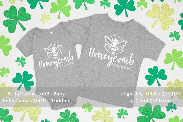 St Patrick's Day Sibling Mockup, Bella Canvas 100B and 3001T Heather Athletic, Baby and Toddler Mockup Mock Up Photo Honeycomb Mockups 