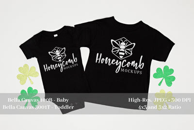 St Patrick's Day Sibling Mockup, Bella Canvas Black 100B and 3001T Mockup, Baby and Toddler Mockup Mock Up Photo Honeycomb Mockups 