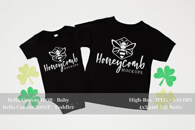 St Patrick's Day Sibling Mockup, Bella Canvas Black 100B and 3001T Mockup, Baby and Toddler Mockup Mock Up Photo Honeycomb Mockups 