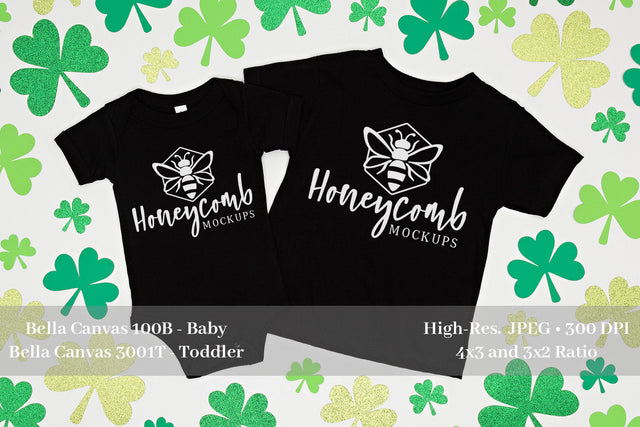 St Patrick's Day Sibling Mockup, Black Bella Canvas 100B and 3001T, Baby and Toddler Mockup Mock Up Photo Honeycomb Mockups 