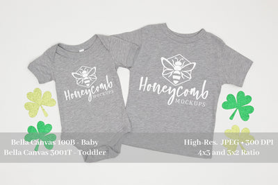 St Patrick's Day Sibling Mockup, Heather Athletic Bella Canvas 100B and 3001T , Baby and Toddler Mockup Mock Up Photo Honeycomb Mockups 
