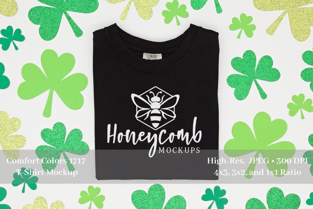 St Patrick's Day T-Shirt Mockup, Comfort Colors 1717 Black, Folded T-Shirt Mockup Mock Up Photo Honeycomb Mockups 