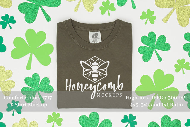 St Patrick's Day T-Shirt Mockup, Comfort Colors 1717 Sage, Folded T-Shirt Mockup Mock Up Photo Honeycomb Mockups 