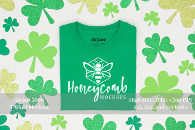 St Patrick's Day T-Shirt Mockup, Gildan 5000 Irish Green Mockup, Folded T-Shirt Mockup Mock Up Photo Honeycomb Mockups 