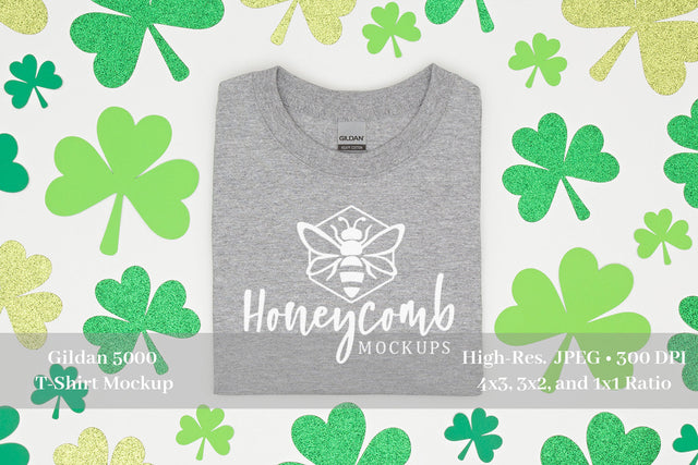 St Patrick's Day T-Shirt Mockup, Gildan 5000 Sport Grey Mockup, Folded T-Shirt Mockup Mock Up Photo Honeycomb Mockups 