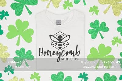 St Patrick's Day T-Shirt Mockup, Gildan 5000 White Mockup, Folded T-Shirt Mockup Mock Up Photo Honeycomb Mockups 