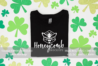 St Patrick's Day T-Shirt Mockup, Gildan 64000 Black Softstyle Mockup, Folded T-Shirt Mockup Mock Up Photo Honeycomb Mockups 