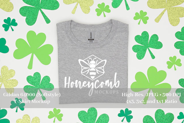 St Patrick's Day T-Shirt Mockup, Gildan 64000 Sport Grey Softstyle Mockup, Folded T-Shirt Mockup Mock Up Photo Honeycomb Mockups 