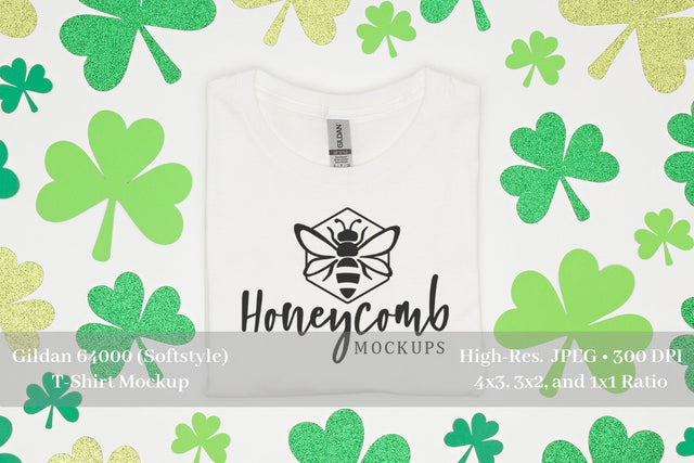 St Patrick's Day T-Shirt Mockup, Gildan 64000 White Mockup, Folded T-Shirt Mockup Mock Up Photo Honeycomb Mockups 