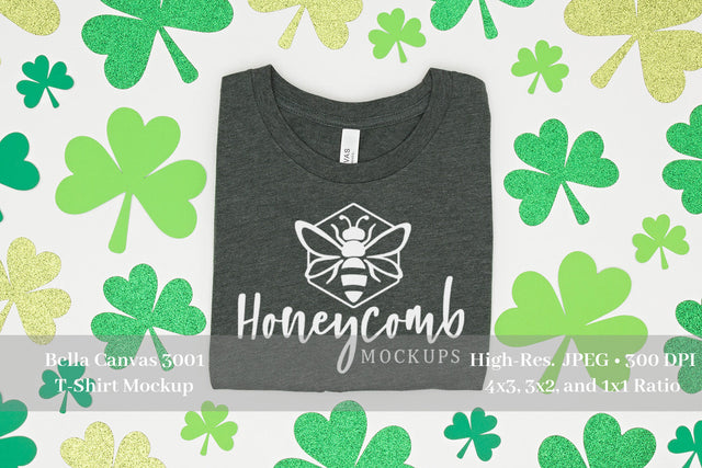 St Patrick's Day T-Shirt Mockup, Heather Forest 3001, Folded T-Shirt Mockup Mock Up Photo Honeycomb Mockups 