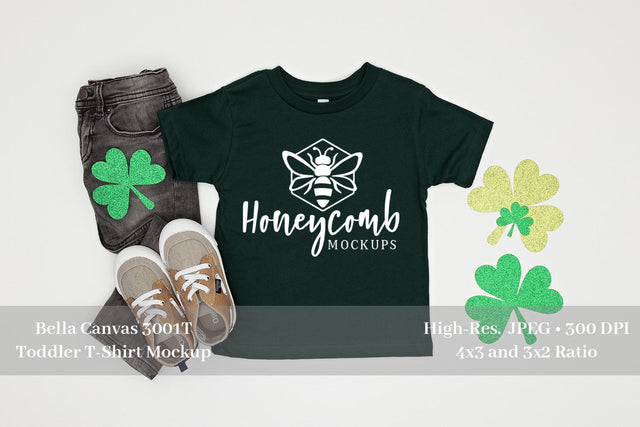 St Patrick's Day Toddler Boy Mockup, Bella Canvas 3001T Forest , Forest Green Toddler Shirt Mock Up Photo Honeycomb Mockups 